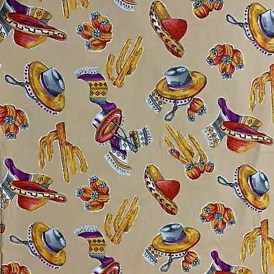 FABRIC By The Yard   Brown  PONCHO CACTUS CACTI SOMBREROS  Uncut  MEXICO  NEW • $5.99