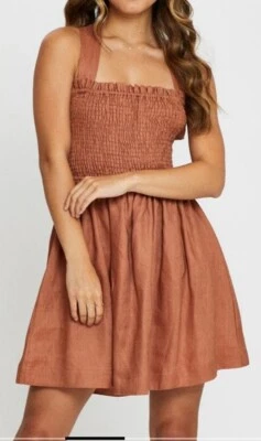 $15 • Buy Ally 100% Linen Camel Mini Dress Tie Wrap Back Shirred Stretch Top Boho Like New