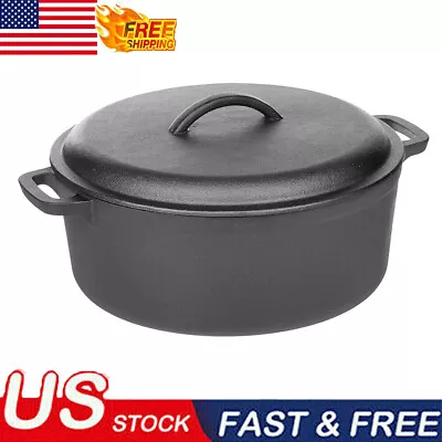 Pre-Seasoned Cast Iron Round Dutch Oven Pot W/Lid & Dual Handles 7-Quart Black • $47.37