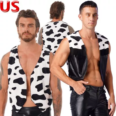 US Men Cow Print Open Front Coat Vest Hippie Christmas Halloween Cowboy Costume • $11.69