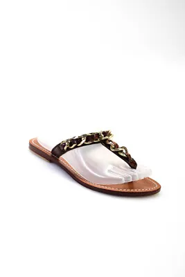 Mystique Womens Slip On Chainlink T Strap Sandals Brown Leather Size 7 • $34.81