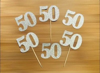 50th Birthday Anniversary Silver Glitter 50 Cupcake Toppers Cake Decorations • £3.25