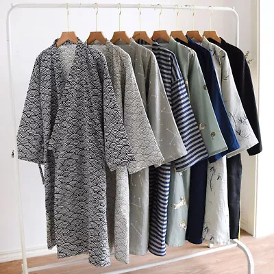Men Kimono Japanese Yukata Pajamas Cotton Soft Bathrobe Robe Gown Nightwear New • £26.08