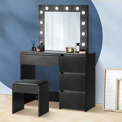 $229.90 • Buy Oikiture Dressing Table Stool Set Makeup Desk Mirror Storage 12 LED Bulbs Black