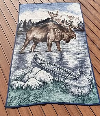 Biederlack Blanket Moose Canoe Blue Brown Made In USA 75 X 48 • $40