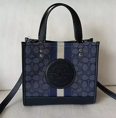 NWT COACH C8417 Signature Jacquard Stripe Patch Dempsey Tote 22 Denim/Navy Multi • $154.95