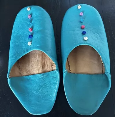 Traditional Blue Moroccan Handmade Leather Slippers Babouche  Unisex/ Pompoms • $48