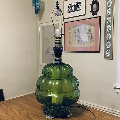 MASSIVE Hollywood Regency Emerald Green Glass Lamp Beehive Nightlight Vintage • $549