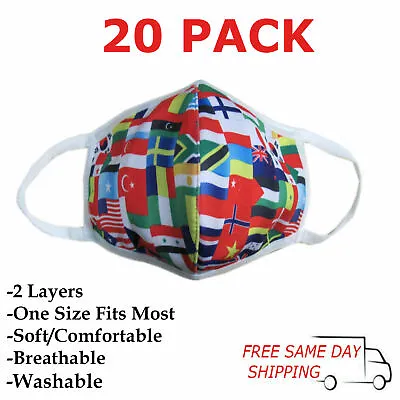 20 Pack Wonderful World Flags Fashion Face Mask Adult Unisex Washable-Wholesale • $19.95