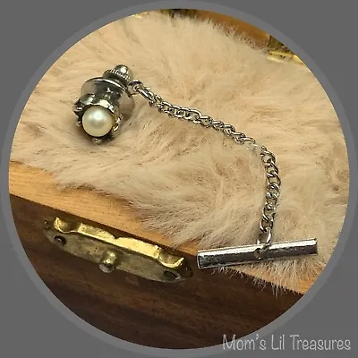 Vintage Silver Tone Faux Pearl Tie Tack With Chain • $10