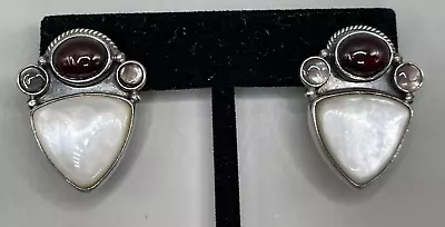 Vintage Signed Reve Sterling Silver Stud Earrings Garnet Mother Of Pearl • $45