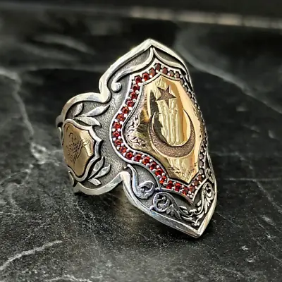 Men Archer Thumb Detailed Silver Ring  Silver Turkish Flag Motif Archer Ring • $62