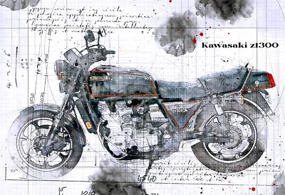 Line Tech Drawing  Kawasaki Z1300  Mock Retro Art Poster Print • £8.99