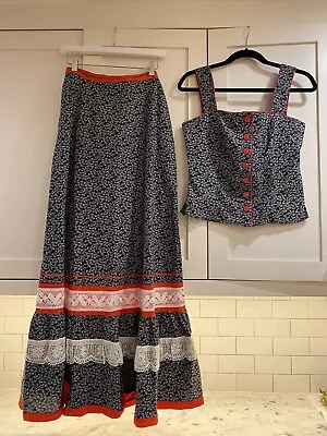 Vtg Lucie Linden Boho Prairie Style Top & Long Skirt - S/m - Crochet Accents!! • $75