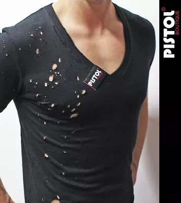 Pistol Boutique Men's Fitted Black Deep V Neck SHOTGUN Distressed Holed T-shirt  • $33.58