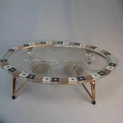 Vintage 1960's Inland Glass Meat Tray Platter & Warmer Starburst Black Gold • $36