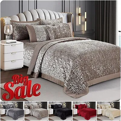 Luxury Velvet Bedspread Quilted Bed Throw Bedding Set King Size + Pillow Shams • £10.49