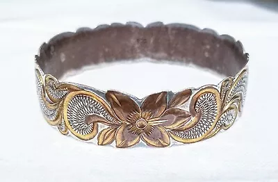 VTG Hawaiian Engraved Flower 17MM Bangle Bracelet Sterling Silver/Gold 2-Tones • $74