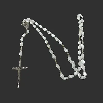 Vintage Rosary White Beads Metal Italy 30  Five Decade  • $18.99