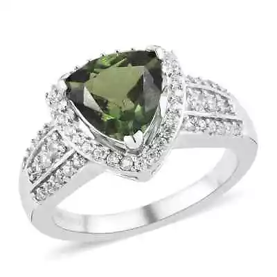 2.10ctw Bohemian Moldavite & Zircon Ring Platinum Plated Sterling Size 8 • $74