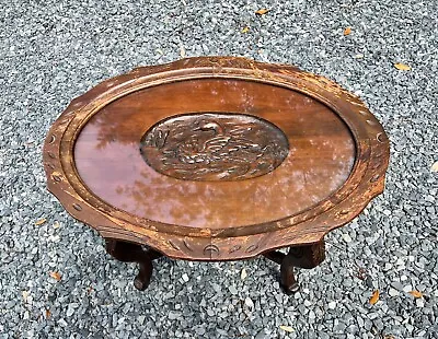 Antique 1930's Convertible Hand Carved Wooden Swan Glass Top Tea Table Look Wow! • $350