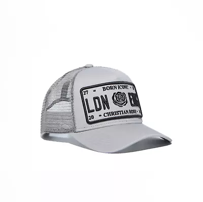 £39 • Buy Christian Rose Iconic Plate Trucker Cap - Stone Grey/Black