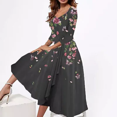 £15.59 • Buy Plus Size Women Boho Floral V-Neck Midi Dress Ladies Evening Swing Dress 6-20