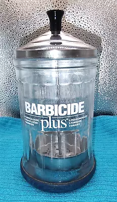 BARBER 8  KING RESEARCH BARBICIDE HOSPITAL DISINFECTANT GLASS JAR  Vintage • $14.99