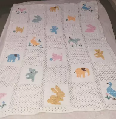 Vintage Baby Blanket Knit Cross Stitch Crochet Throw Afghan Animal 49x39 • $15