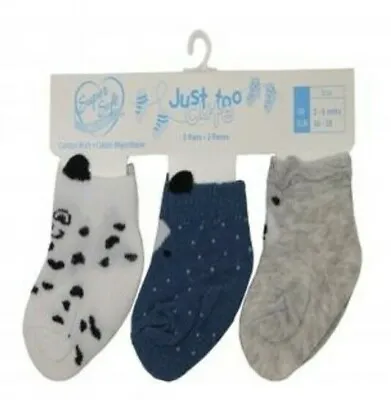 3 Pairs Baby Boys Socks ~ Animals ~  0-33-66-12 Mth Grey White ~ Just Too Cute • £3.95