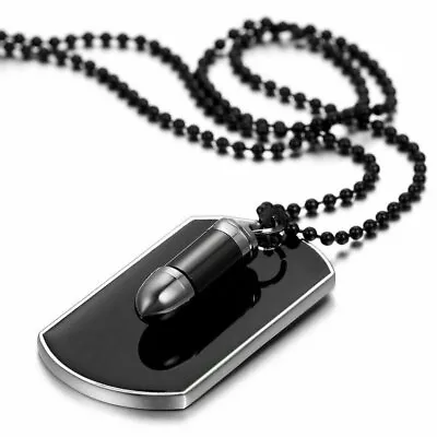 Men's Stainless Steel Black Bullet Dog Tag Pendant Necklace W Bead Chain • $7.25