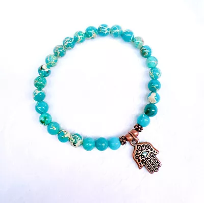 6mm Blue Howlite Bead Bracelet With Hamsa Charm Protect From Evil Eye • $9.99