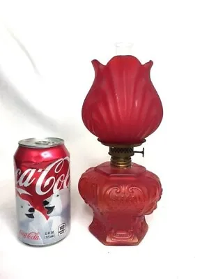 Antique Red Satin Glass Miniature Oil Lamp & Shade Tulip Flower Mini Mint Old • $127.50