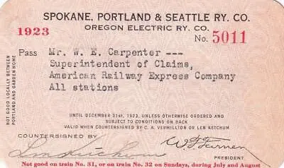 1923 SP&S Spokane Portland & Seattle Railroad Pass - American Railway Express • $21