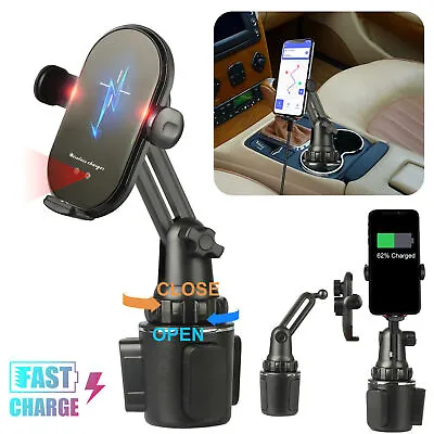 Adjustable Car Cup Holder Qi Wireless Charger Phone Mount Fast Charging Station • £23.88