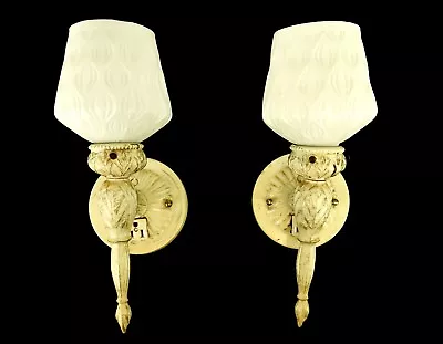 Pair Of Miami-Carey Wall Sconce Torch Lights Flame Pattern Milk Glass Shades • $149.95