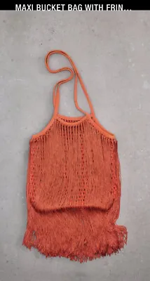 Zara Maxi Bucket Bag With Fringing Coral Red Orange Christmas Party Bag • £19.99