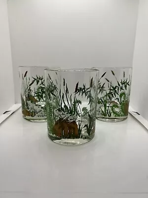 Mid-Century Cera Hand Painted Frog & Cattails Lowball Bar Glasses Set Of 3 • $35