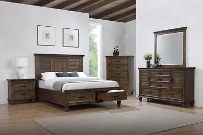 4 Pc Burnished Oak King Shutter Storage Bed Ns Dresser Bed Bedroom Furniture • $1999