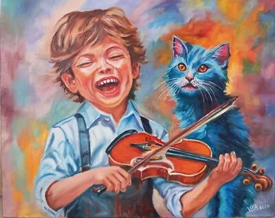 Boy Plays Violin Original Oil Painting On Stretched Canvas Blue Cat 16x20 Inches • $165