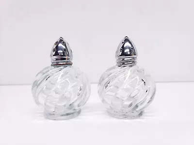 Vintage IRICE Salt & Pepper Shaker Set Clear Glass Round Swirl Silver Top 3” • $9.99