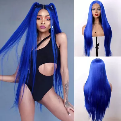 Blue Lace Front Wigs For Women Glueless Long Straight Synthetic Hair Wig Cosplay • $36.09