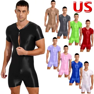 US Men Oil Glossy Rompers Short Sleeve Zipper Jumpsuit Casual One Piece Bodysuit • $5.88