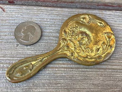 VTG ART NOUVEAU EMBOSSED GOLD BRASS MINIATURE ROUND HAND MIRROR W WOMAN • $11.95