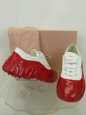 Miu Miu Prada 5e425c Red White Knit Rubber Logo Low Top Platform Sneakers 37 It  • $269