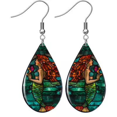 Mermaid Earrings Faux Stained Glass Art Print Dangle Drop Style Teardrop • $12.95