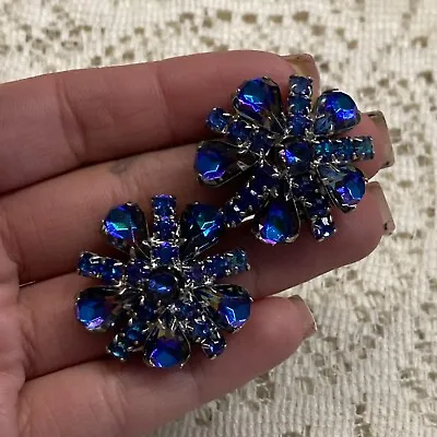 Vintage Signed Madeleine Blue Watermelon OmbrÉ Rhinestone Clip Ons • $59.99