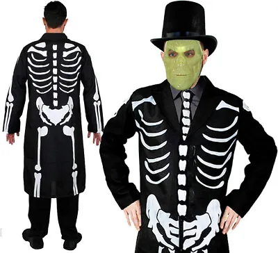 James Bones Costume With Gid Mask Hat Long Skeleton Coat And Tie Fancy Dress • £31.59