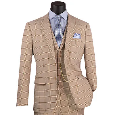 VINCI Men's Beige Windowpane Plaid 3 Piece 2 Button Slim Fit Suit NEW • $140