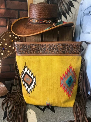$150 • Buy Woven Western Saddle Blanket & Tooled Leather Crossbody Bag Prescott